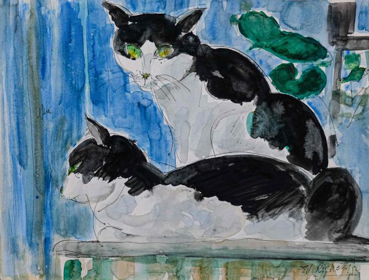Edouard RIGHETTI  - Original painting - Watercolour - Cats in Paris
