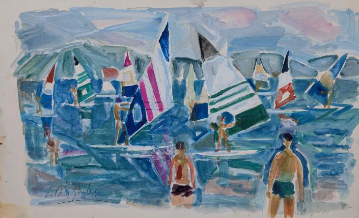 Edouard RIGHETTI  - Original painting - Watercolour - Windsurfing in Menton