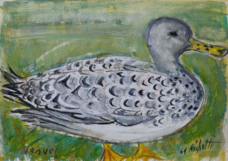 Edouard RIGHETTI  - Original painting - Gouache - The Duck at Vanves Park Pic
