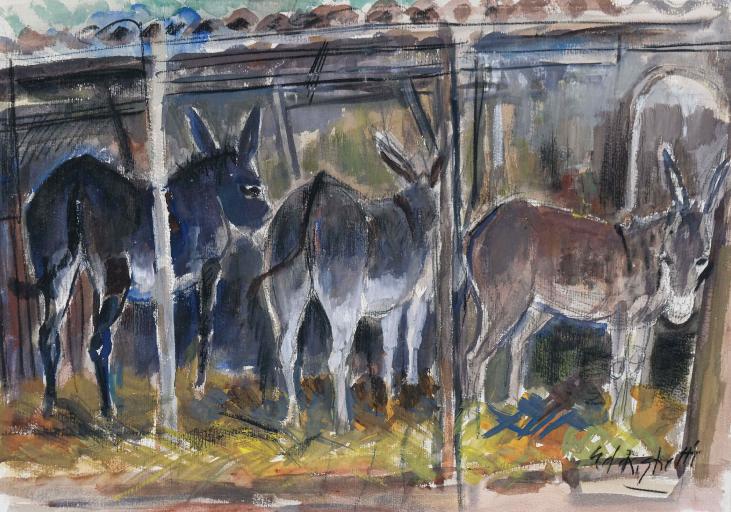 Edouard RIGHETTI  - Original painting - Watercolor - The 3 donkeys