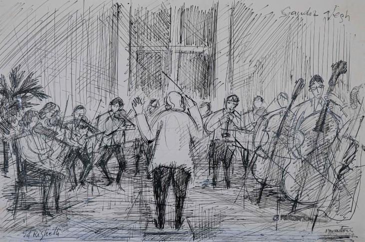 Edouard RIGHETTI  - Original drawing - Ink - Concert In Menton