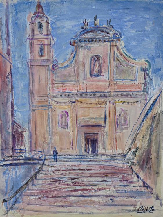 Edouard RIGHETTI  - Original painting - Gouache - Basilica  Saint Michel in Menton