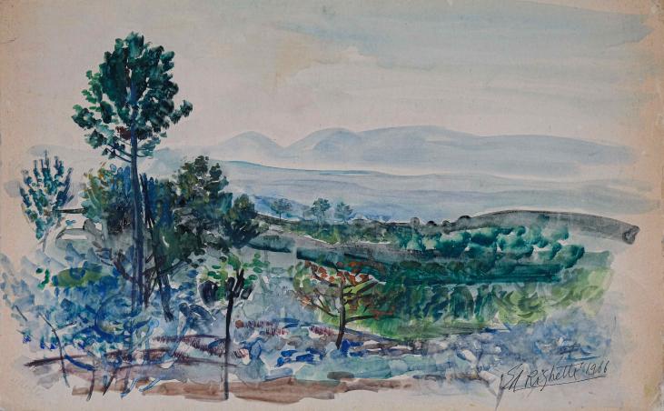 Edouard RIGHETTI  - Original painting - Watercolour - Blue landscape