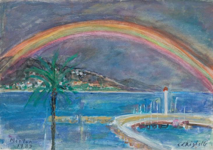 Edouard RIGHETTI  - Original painting - Watercolour Gouache - Rainbow in Menton