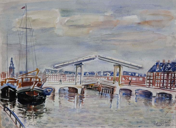 Edouard RIGHETTI  - Original painting - Watercolour - The lean bridge, Amsterdam