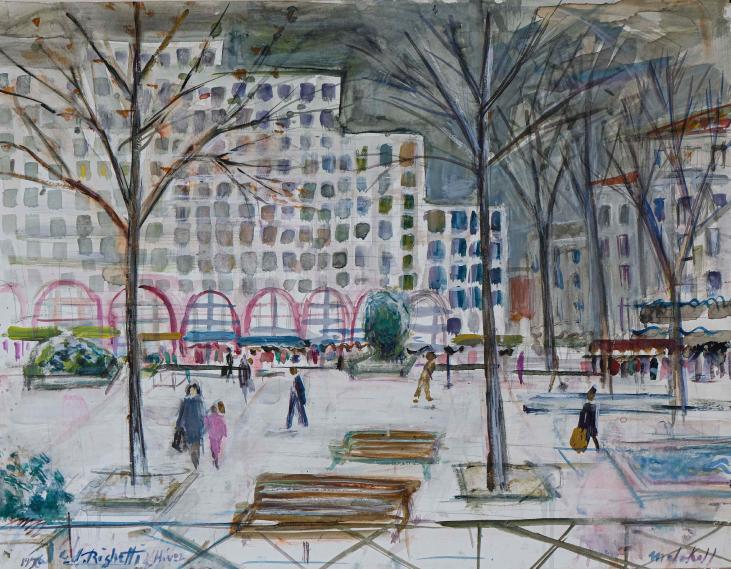 Edouard RIGHETTI  - Original painting - Watercolour gouache - Market Place in Malakoff, Paris
