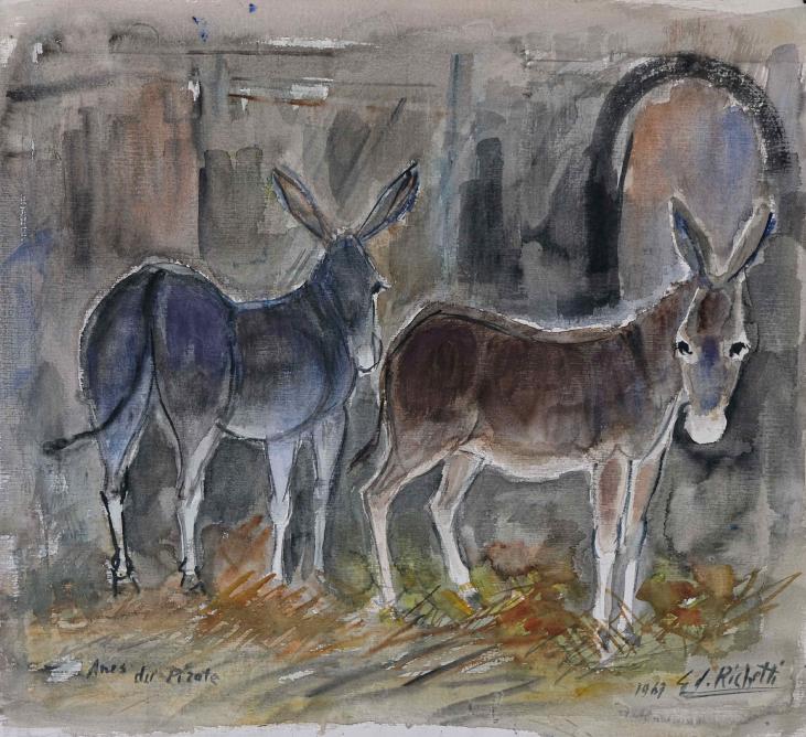 Edouard RIGHETTI  - Original painting - Watercolour gouache - The Donkeys of Bouzigues