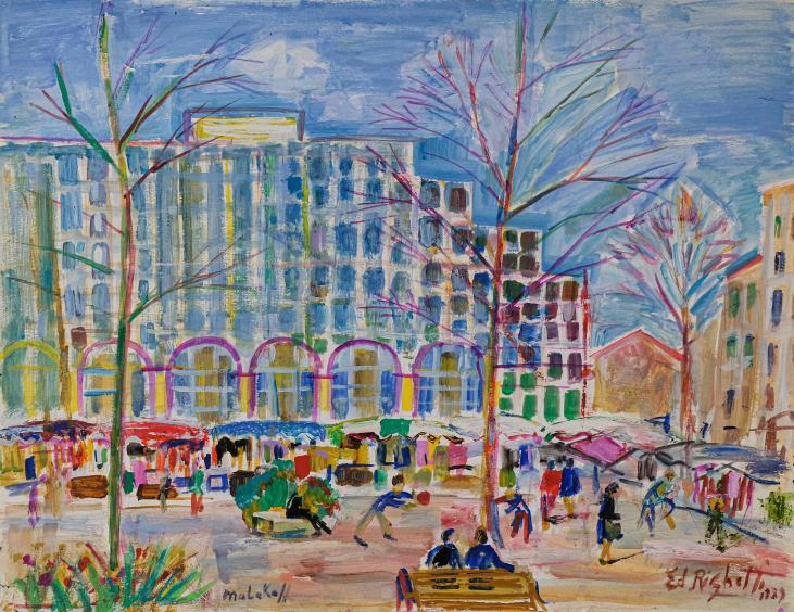 Edouard RIGHETTI  - Original painting - Gouache - The market place in Malakoff, Paris 3
