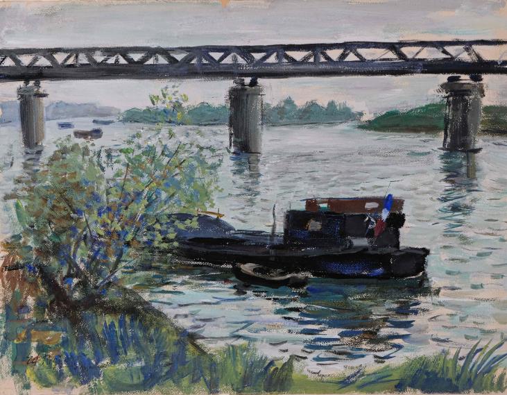 Edouard RIGHETTI  - Original painting - Gouache - Barge in Argenteuil