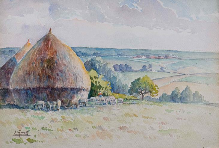 Etienne GAUDET - Original painting - Watercolor - Sheep in the Val-de-Loire
