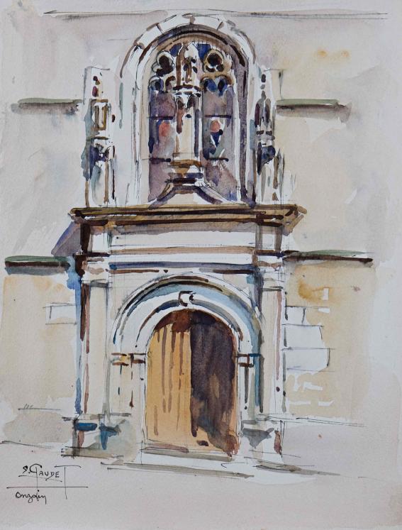 Etienne GAUDET - Original painting - Watercolor - Door of the Church of Onzain