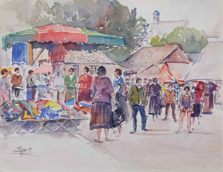 Etienne GAUDET - Original painting - Watercolor - Market