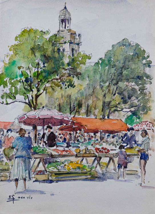 Etienne GAUDET - Original painting - Watercolor - Market of St Croix de vie