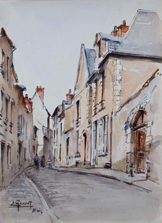 Etienne GAUDET - Original painting - Watercolor - Blois, Rue Puits-Chatel 3