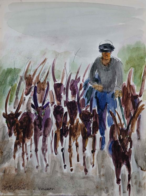 Edouard RIGHETTI  - Original painting - Gouache - The shepherd in the Hérault