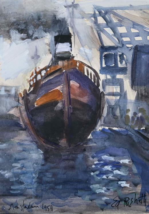 Edouard RIGHETTI  - Original painting - Gouache - Boat in Amsterdam