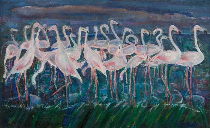 Edouard RIGHETTI  - Original painting - Oil - Pink flamingos in Palavas