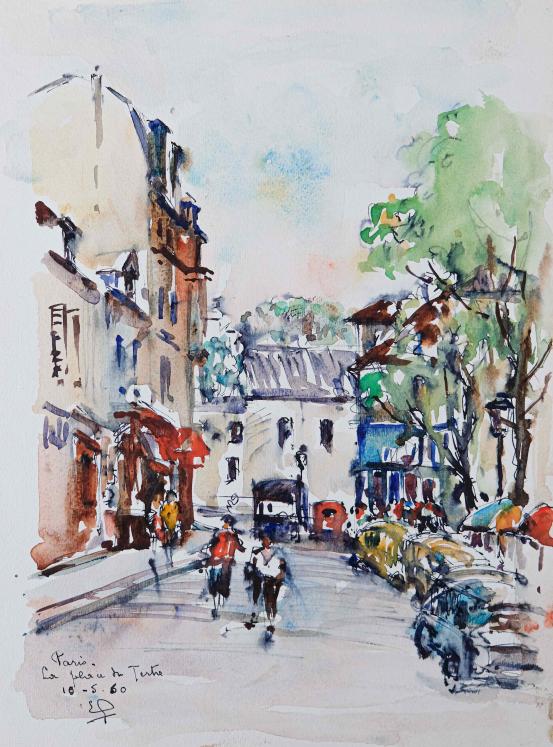 Etienne GAUDET - Original painting - Watercolor - Paris, Place des Tertres