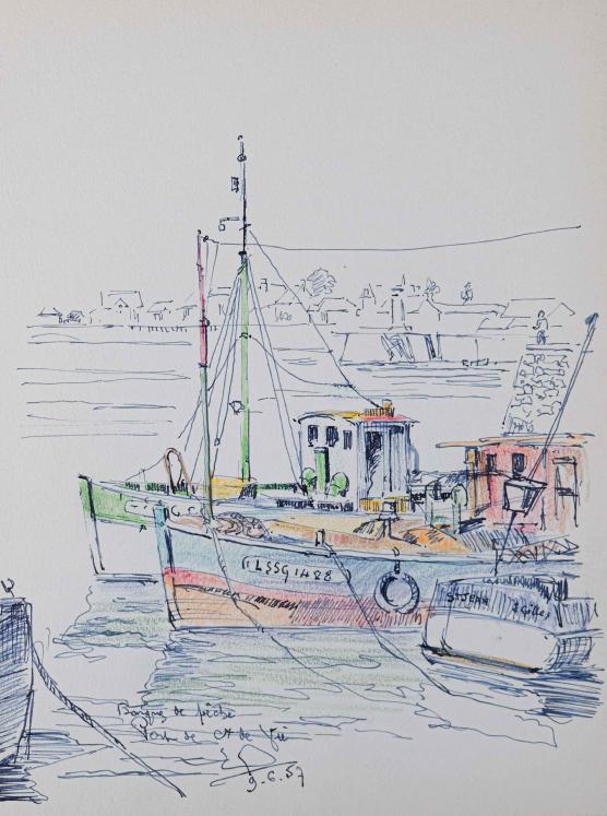 Etienne GAUDET - Original drawing - Ink and Pastel - Fishing boats in St Croix-de-Vie