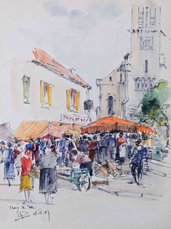 Etienne GAUDET - Original painting - Watercolor - St-Gilles-Croix-de-vie Market