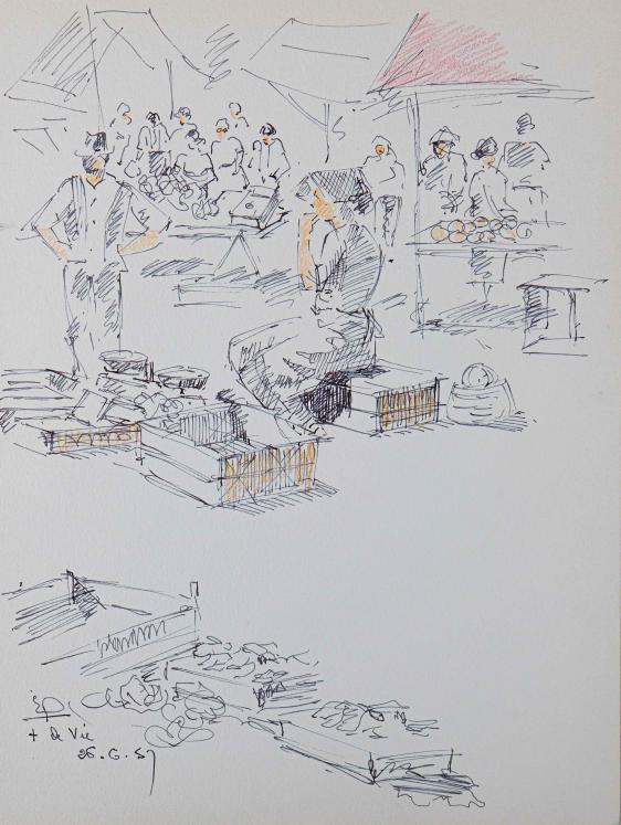 Etienne GAUDET - Original drawing - Ink and Pastel - St-Gilles-Croix-de-Vie Market