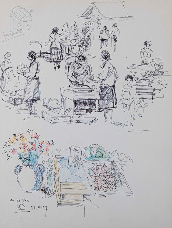 Etienne GAUDET - Original drawing - Ink and Pastel - St-Gilles-Croix-de-Vie Market 2