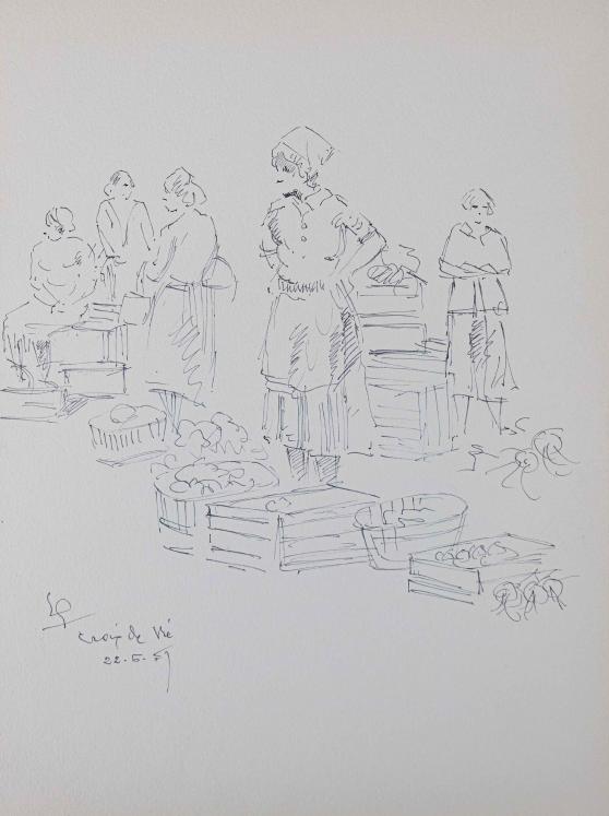 Etienne GAUDET - Original drawing - Ink - St-Gilles-Croix-de-Vie Market 3