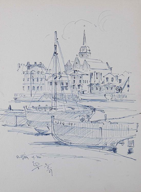 Etienne GAUDET - Original drawing - Ink and Pastel - St-Gilles-Croix-de-Vie