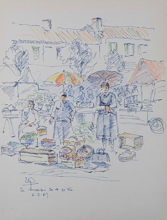 Etienne GAUDET - Original drawing - Ink and Pastel - St-Gilles-Croix-de-Vie Market 4