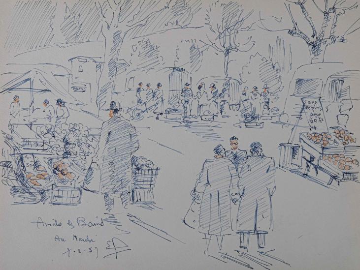 Etienne GAUDET - Original drawing - Ink - Amélie-les-Bains Market