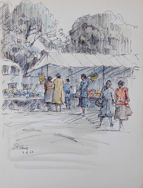 Etienne GAUDET - Original painting - Watercolor - Blois market 18