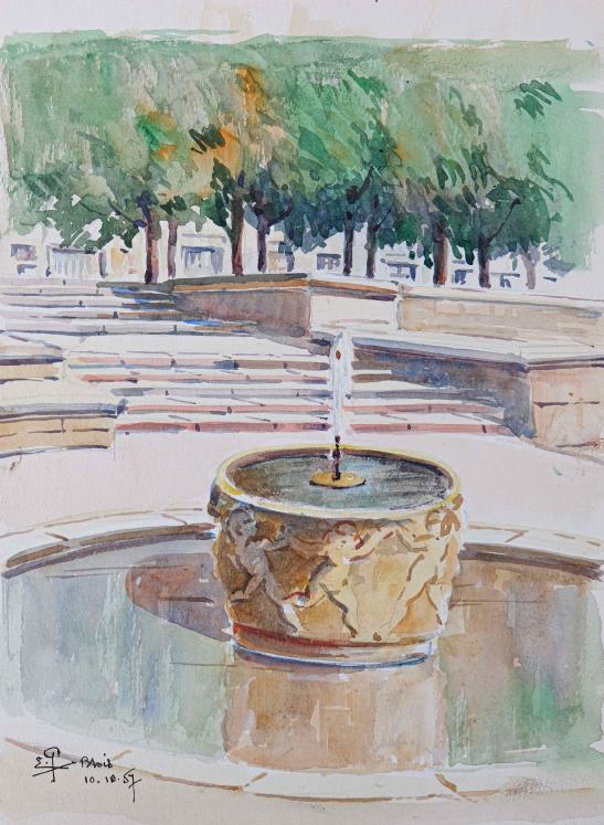 Etienne GAUDET - Original painting - Watercolor - Fountain in Blois
