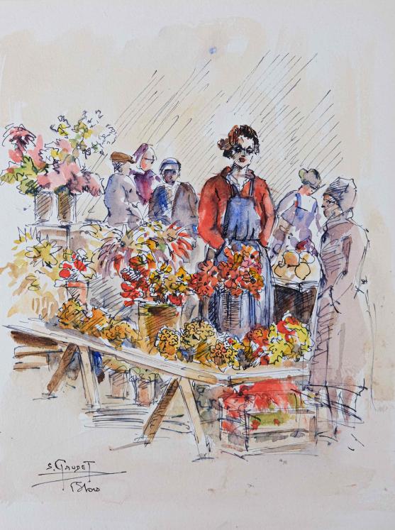 Etienne GAUDET - Original painting - Watercolor - Market of Blois