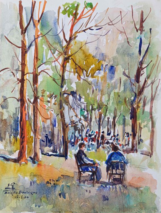 Etienne GAUDET - Original painting - Watercolor - Bois de Boulogne