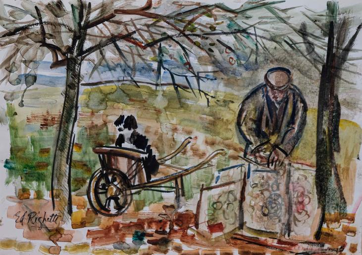Edouard RIGHETTI  - Original painting - Watercolour  - The man with the dog