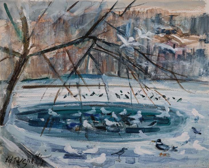 Edouard RIGHETTI  - Original painting - Watercolour Gouache -Clamart Pond 1