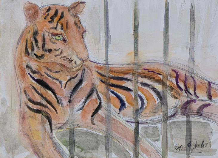 Edouard RIGHETTI  - Original painting - Watercolour - Panther in the zoo