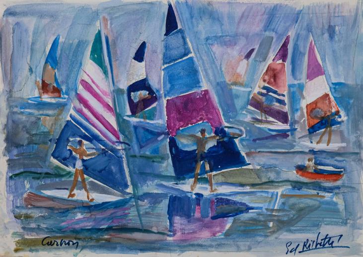 Edouard RIGHETTI  - Original painting - Watercolour -  Sailboards in Carnon