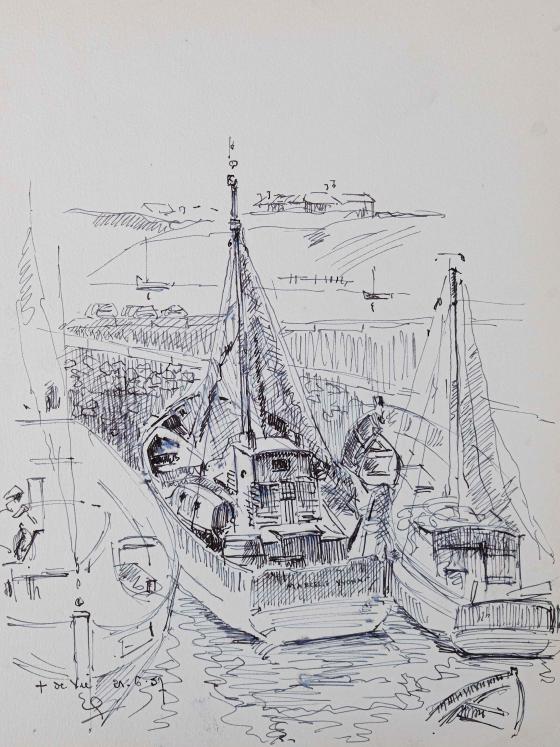 Etienne GAUDET - Original drawing - Ink - Boats in St Croix-de-Vie 2