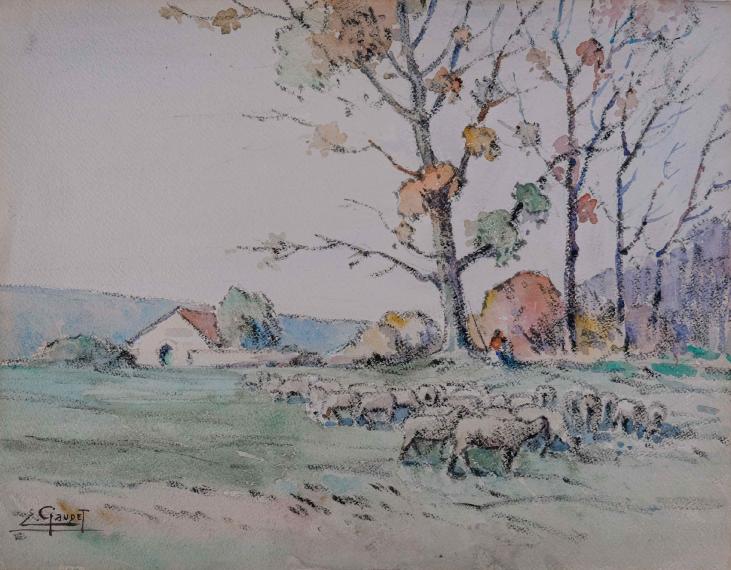 Etienne GAUDET - Original drawing - Pastel - Flock of sheep