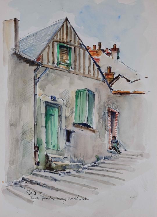 Etienne GAUDET - Original painting - Watercolor - Blois, old house