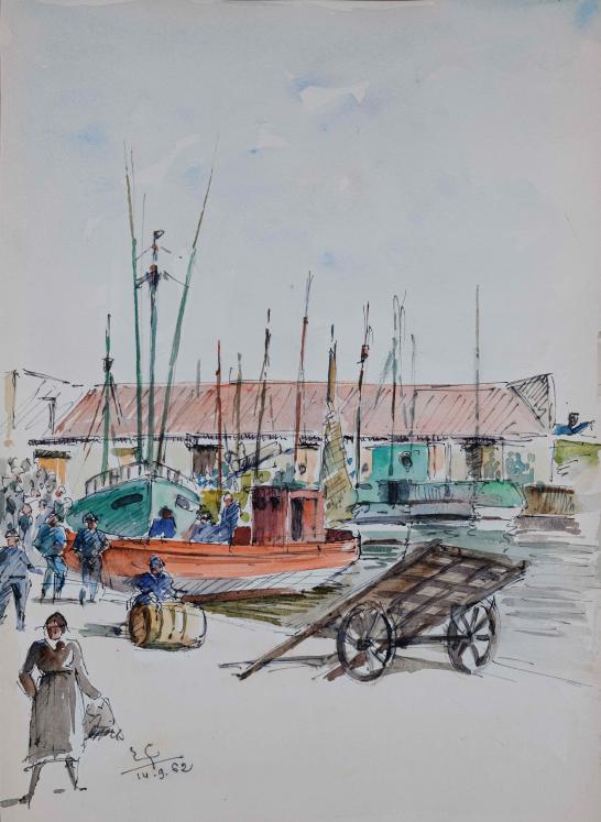 Etienne GAUDET - Original painting - Watercolour Inks -  Quai du Port Croix de vie