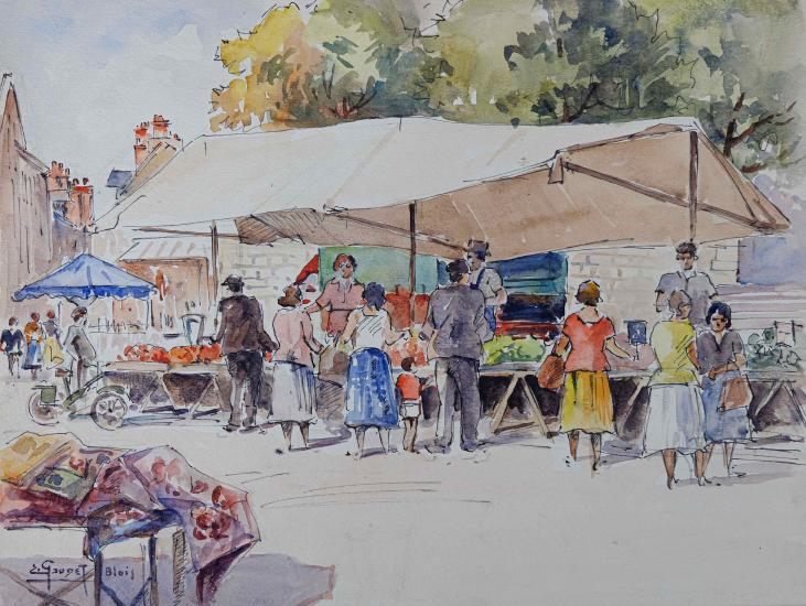 Etienne GAUDET - Original painting - Watercolor - Blois market