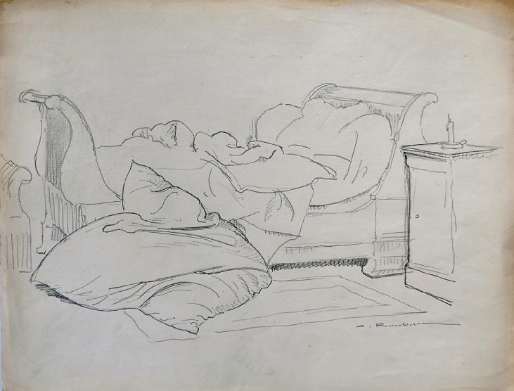 Auguste ROUBILLE - Original drawing - Pencil - The bed