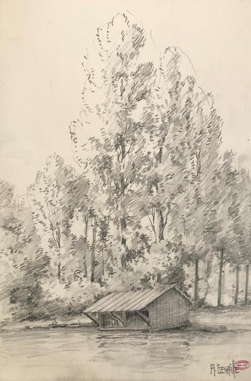 Alexandre Genaille - Original drawing - Pencil - Lavoir on la Marne, Trilbardou