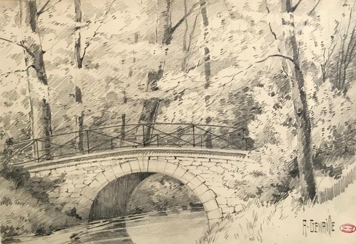Alexandre Genaille - Original drawing - Pencil - The small bridge