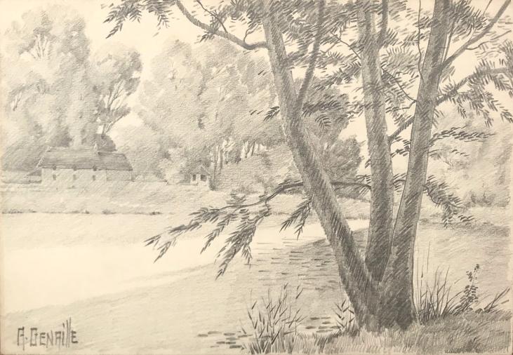 Alexandre Genaille - Original drawing - Pencil - Landscape at the edge of Marne 2