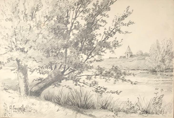 Alexandre Genaille - Original drawing - Pencil - Landscape at the edge of Marne 4