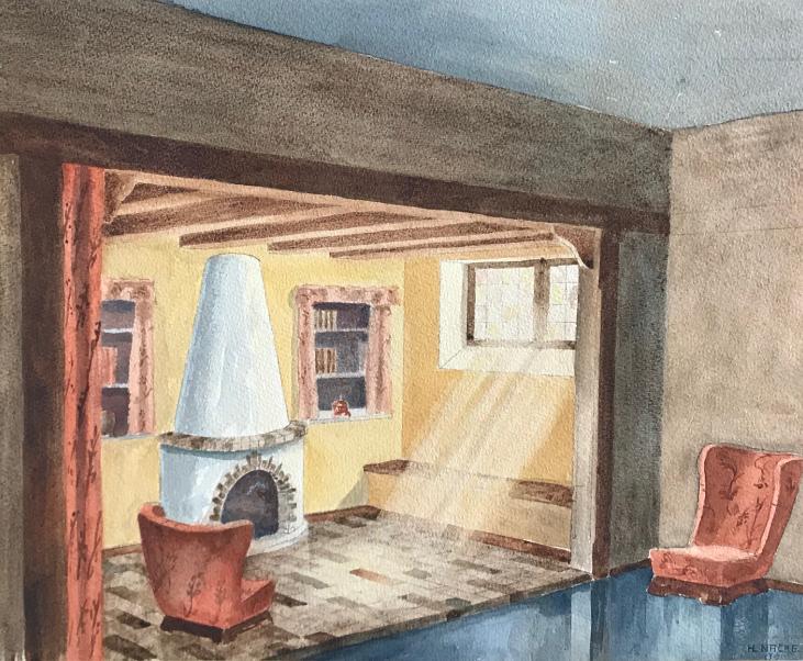 Hans NACKE - Original painting - Watercolor - The fireplace 5