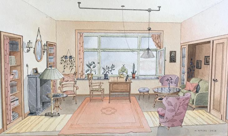 Hans NACKE - Original painting - Watercolor - The living room 3